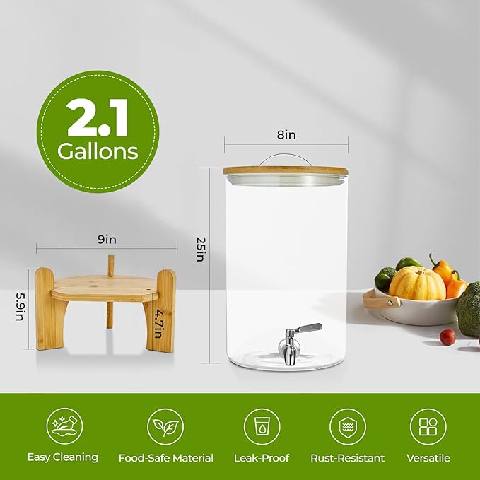 Beverage Dispenser 2.1 Gallon with Spigot Glass Water Dispenser for Parties, Bars, Restaurants (8L）with Wood Stand Drink Dispensers
