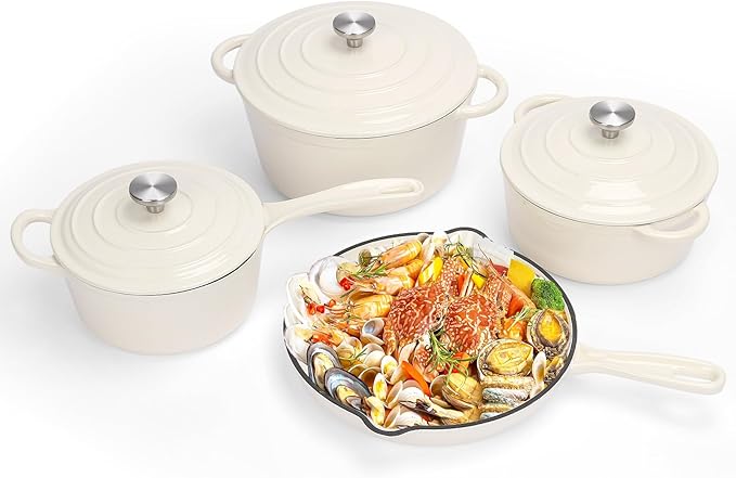 QuliMetal Nonstick Enameled Cast Iron Cookware Set, 7-Pcs Pots and Pans with Lid, Frying Pan Skillet, Sauce Pan, Healthy Round Dutch Oven Pot for Sourdough Bread Baking on All Stovetop, Cream White