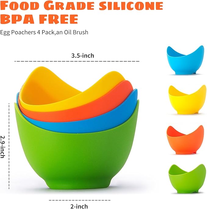 Poached Egg Cooker - Egg Poaching Cups, Non-Stick Silicone, Microwave & Stovetop, 4 Pack, BPA Free