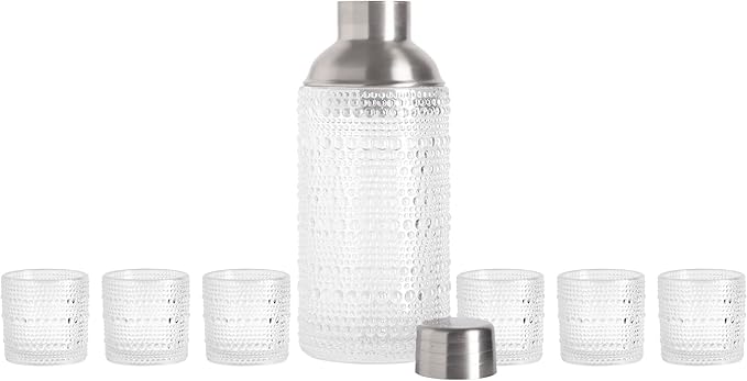 Glaver's Cocktail Shaker Set, Glass 15.2 oz Shaker, 6 Hobnail Shot Glasses, Stainless Steel Strainer Cap,Glass Shaker Set for Bars. Dishwasher Safe