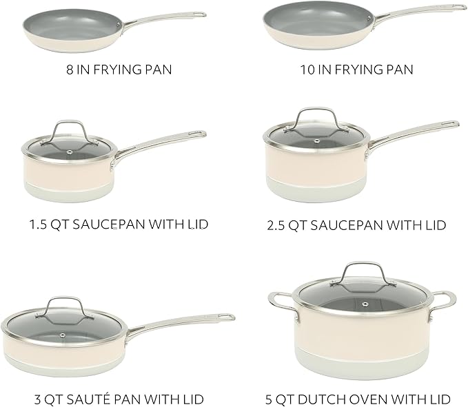 Sur La Table Kitchen Essentials Viva La Cantina 10 Piece PFA Free Titanium Ceramic Nonstick Interior Forged Aluminum Cookware Pots and Pans Set - 2 Tone White & Silver - Induction Compatible