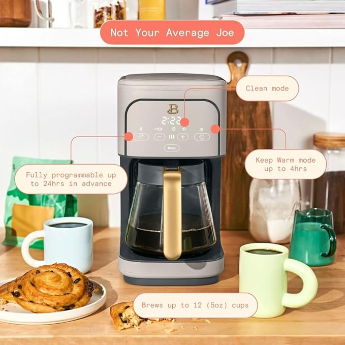 Beautiful 12-Cup Programmable Coffee Maker with Touch Activated Display, Auto Brew Timer, Reusable Filter, Large Glass Carafe (Porcini Taupe)