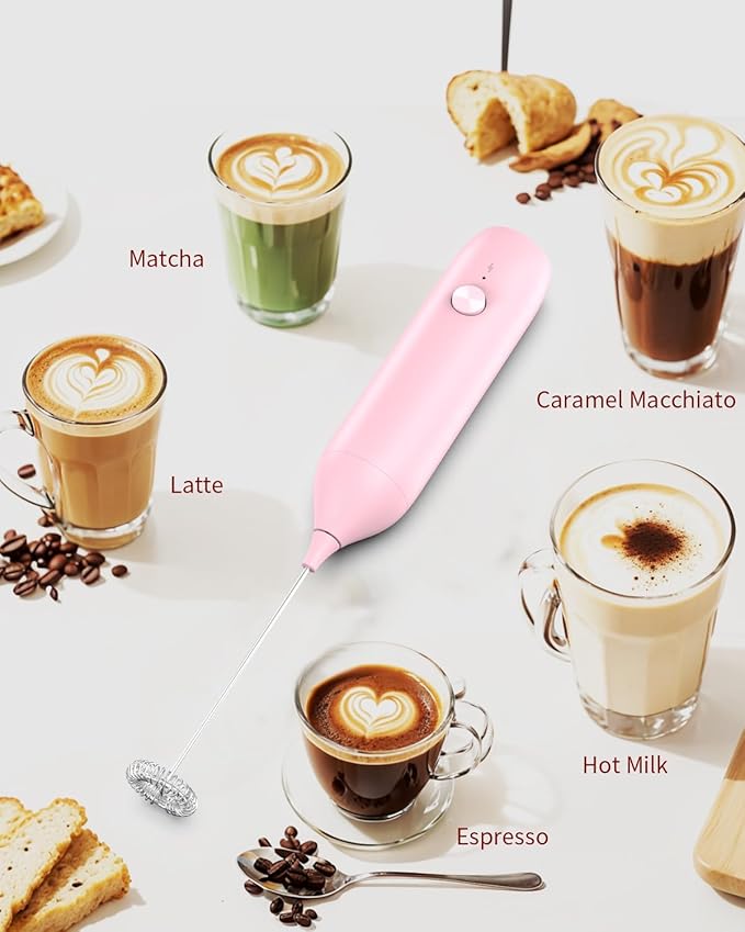 CIRCLE JOY Milk Frother Handheld Rechargeable Milk Foamer Electric Mini Drink Mixer with Stainless Steel Whisk for Coffee, Cappuccino, Lattes, Frappe, Matcha and Hot Chocolate, Pink