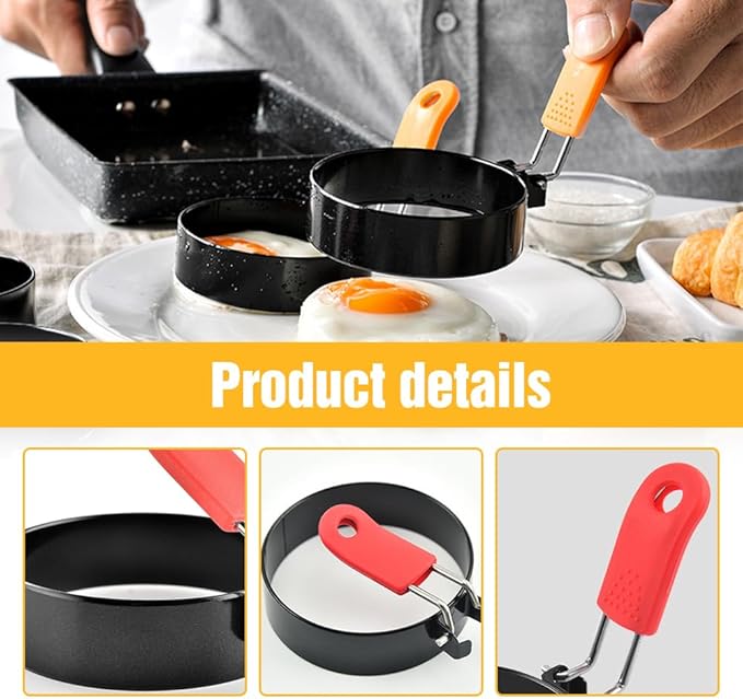 2024 New Stainless Steel Egg Rings for Frying - Round Cooker Rings, Pancake Shapers With Orange Silicone Handle, Non-stick Molds for Kitchen Breakfast Tool (A-4Pcs Red)