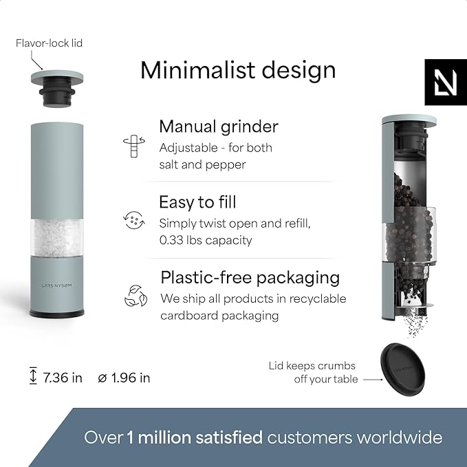 LARS NYSØM Salt and Pepper Mills Set Stainless Steel with Adjustable Ceramic Grinder 2 pieces I Design Spice Mills Set Manual (Sky Blue)