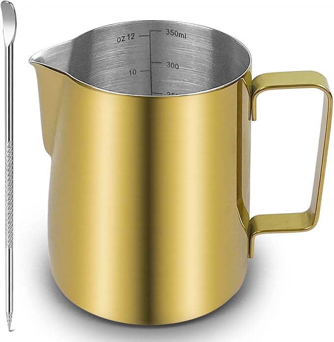 CAMKYDE Stainless Steel Milk Frothing Pitcher 12 oz, Espresso Steaming Pitcher with Decorating Pen for Espresso Machines, Cappuccino, Latte Art (Gold)