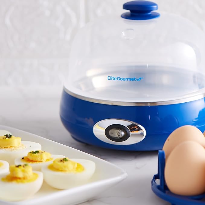 Elite Gourmet EGC322CBL Easy Egg Cooker Electric 7-Egg Capacity, Soft, Medium, Hard-Boiled Egg Cooker with Auto Shut-Off, Measuring Cup Included, BPA Free, Classic Blue