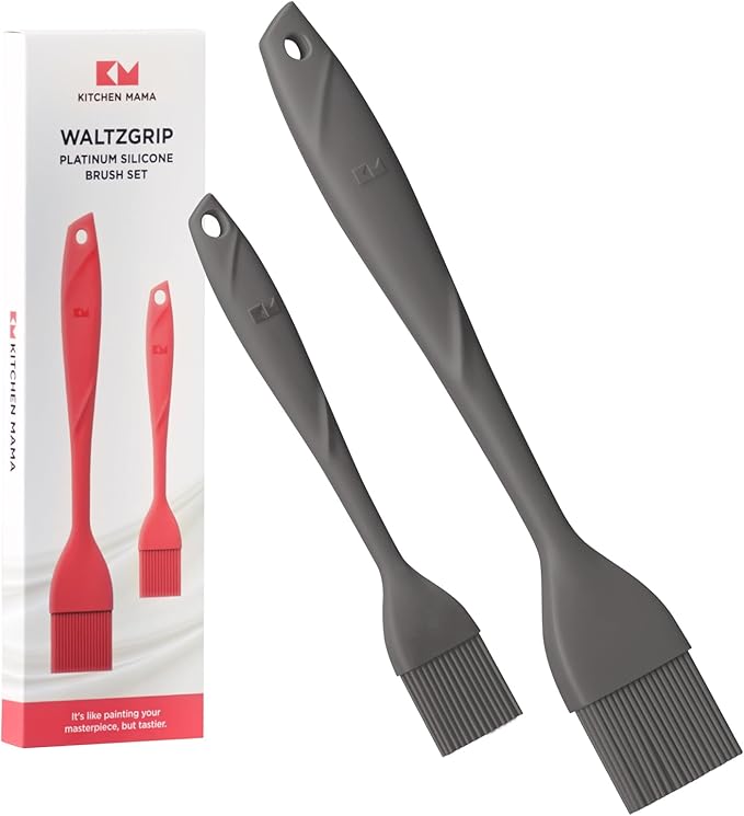 Kitchen Mama WaltzGrip Platinum Silicone Basting Pastry Brush: Set of 2 Heat-Resistant Brushes for Cooking, Baking, Grilling, and Spreading Oil or Butter - Dishwasher-Safe (Metal Gray)