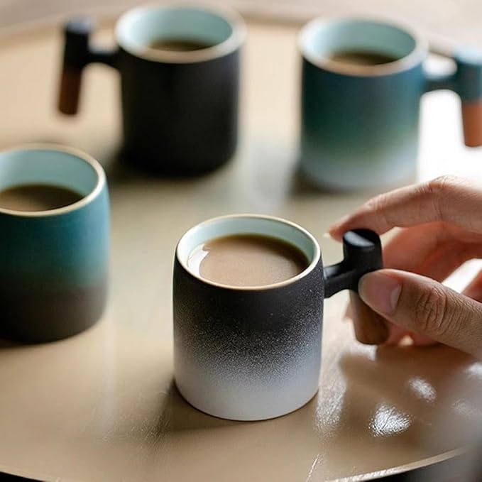 2-Oz Ceramic Espresso Cups with Wood Handle, 2/4-Piece Set for Coffee, Tea, Latte - Dishwasher Safe, Multi-Color & Wood Styles, Gift & Café Use (black white, Wooden Handle2)