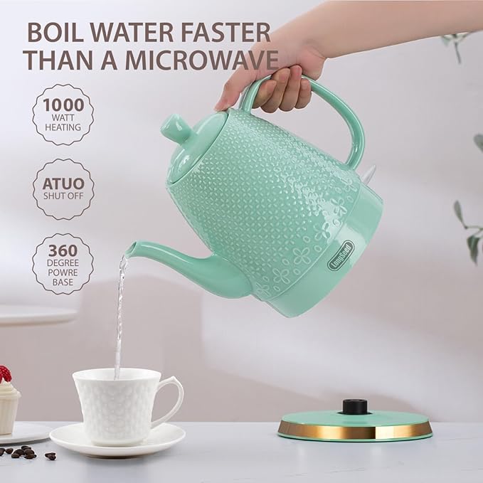 1.2-Liters Ceramic Electric Kettle Pot, 1000W Fast Boil Water For Coffee & Tea, Automatic Shut-Off, Boil Dry Protection, Retro Gooseneck Teapot BPA Free Boiler