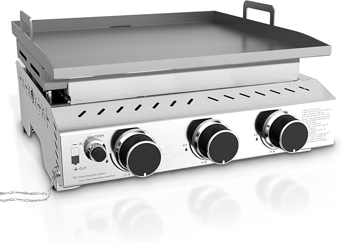 R.W.FLAME 3 Burner Tabletop Propane Griddle, 25" Stainless Steel Gas Griddle, 24,000 BTU Flat Top Grill for Outdoor BBQ,Camping & Patio Gatherings