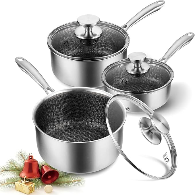 KOCH SYSTEME CS Hybrid Nonstick Stainless Steel Saucepan Set, 6-Piece Triply Stainless Steel Saucepan Set with Hybrid Honeycomb Interior, 1QT & 2QT & 3QT Sauce Pans, Induction Ready, Steel Pot Set