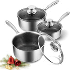 KOCH SYSTEME CS Hybrid Nonstick Stainless Steel Saucepan Set, 6-Piece Triply Stainless Steel Saucepan Set with Hybrid Honeycomb Interior, 1QT & 2QT & 3QT Sauce Pans, Induction Ready, Steel Pot Set