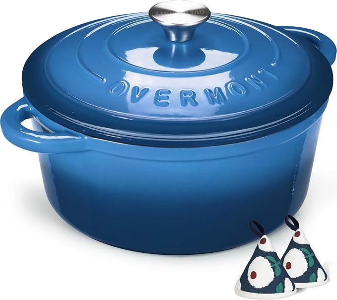 Overmont Enameled Cast Iron Dutch Oven - 7QT Pot with Lid Cookbook & Cotton Potholders - Heavy-Duty Cookware for Braising, Stews, Roasting, Bread Baking blue