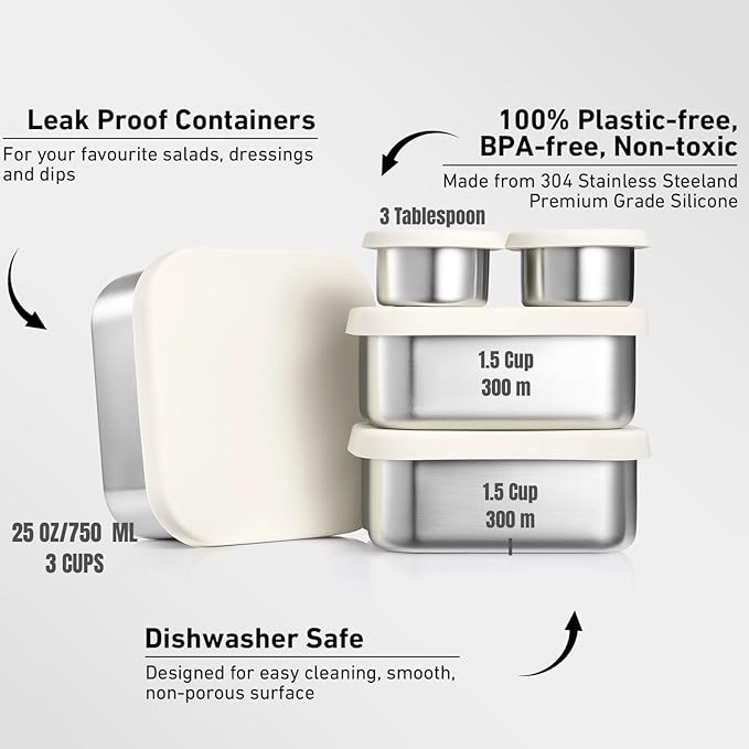 Flexibento - Leak proof Stainless Steel Lunch Box | Lunch Containers with Lids | Steel Bento Box |Metal lunch Box|1*25 OZ+ 2*13 OZ + 2 *2 OZ| Set Of 5 |Vanilla (Vanilla 52 Oz Set (set of 5))