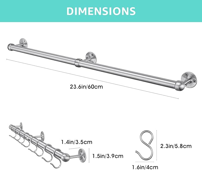 ROTHLEY Stainless Steel Hanging Pot Rack Hanger: 23.7 Inch Pot and Pan Hanger Wall Mounted Hanging Pot Bar Rack Heavy Duty Pot Hangers Kitchen Rail with 8 S Hooks (Brushed)