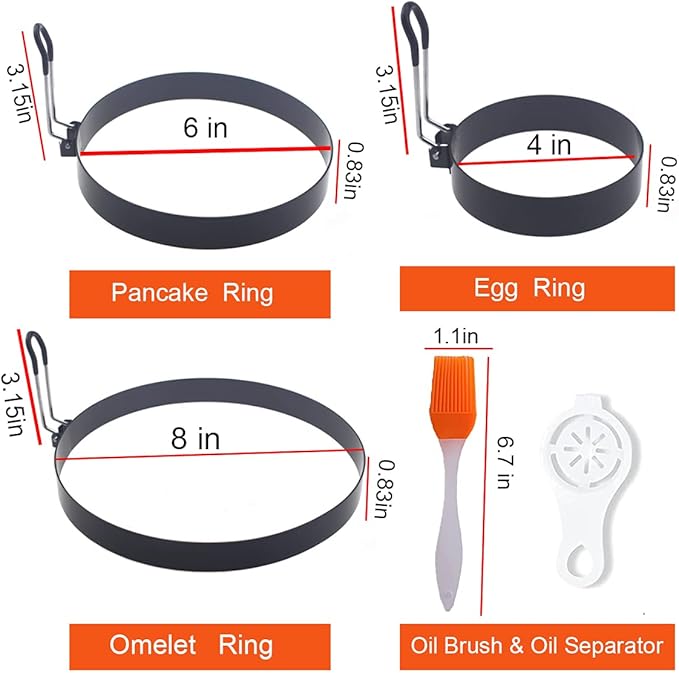 8" Omelette Ring,6" Pancake Ring,4" Griddle Egg Ring,Non-stick Stainless Steel Egg Cooker Omelet Ring Set(Upgrade Large 3 Packs Egg Cooking Rings for Griddle Frying Egg with Oil Brush & Egg Separator)