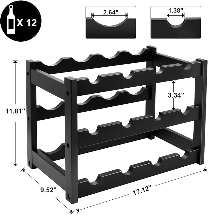 Bamboo Wine Rack, 3-Tier 12 Bottles Wine Storage Cabinet Shelf, Easy-Assembly Freestanding Bamboo Wine Racks Countertop for Kitchen Pantry Dining Room Bar, Black