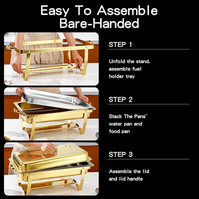 Chafing Dish Buffet Set with Gold Frame, 9 Quart Capacity, 4 Pack, Full Size Chafers