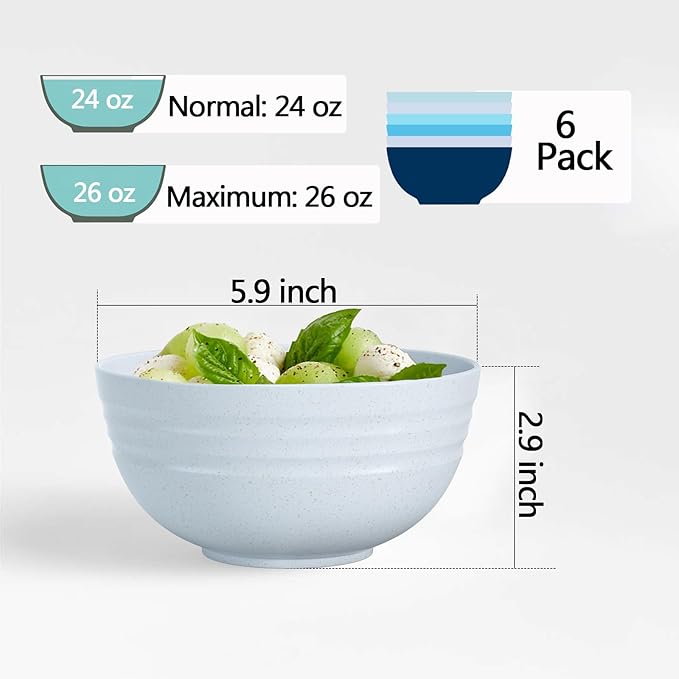 Homestockplus Unbreakable Cereal Bowls 25 OZ Microwave and Dishwasher Safe BPA-Free Eco-Friendly Wheat Straw Bowl Assorted Color Dessert Bowls for Serving Soup, Oatmeal, Pasta and Salad [Set of 6]