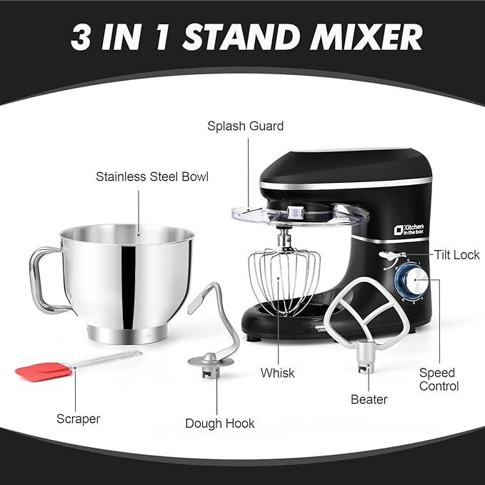 Kitchen in the box Stand Mixer, 6.5QT 660W Electric Kitchen Mixer, 6-Speed Tilt-Head Food Mixer with Dough Hook, Wire Whip, Beater, Dishwasher Safe (Black)