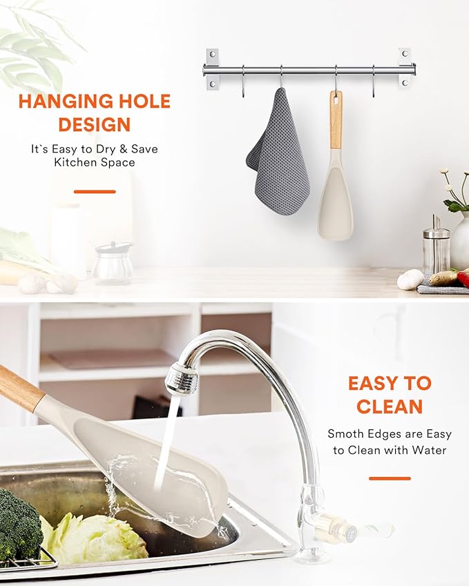 Cooking Spoon for Nonstick Cookwares, Great for Cooking and Serving Sturdy BPA-Free Matte Silicone, Wood Handle Spoon for Mixing, Scoop, and Scrape (Khaki)