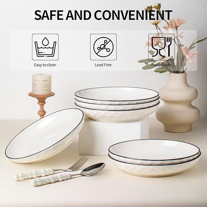 Yeacccng White Pasta Bowls Set of 6, 24oz Ceramic Salad Bowls, 8 inch Ceramic Bowls for Pasta, Salad, Oatmeal, Fruit, Chicken, Easy to Clean, Dishwasher & Microwave Safe, Scratch-Resistant, Lead-Free