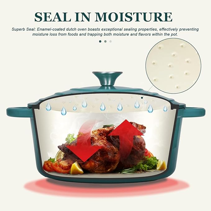 Overmont Enameled Cast Iron Dutch Oven - 5.5QT Pot with Lid Cookbook & Cotton Potholders - Heavy-Duty Cookware for Braising, Stews, Roasting, Bread Baking bottle green