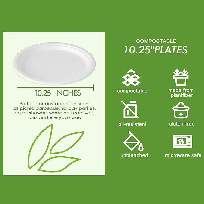 Vplus 150 Pack Compostable Disposable Paper Plates 10.25 inch Super Strong Paper Plates 100% Bagasse Natural Biodegradable Eco-Friendly Sugarcane(white)