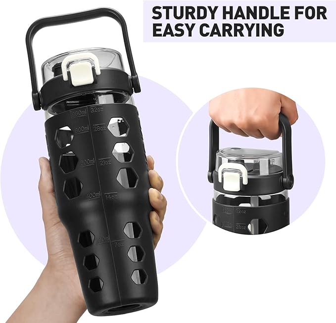 MUKOKO 32 oz Glass Tumbler with Straw,Glass Water Bottles with Time Marker,Iced Coffee Cup with Silicone Sleeve,Motivational Drinking Bottles,Leakproof-Black