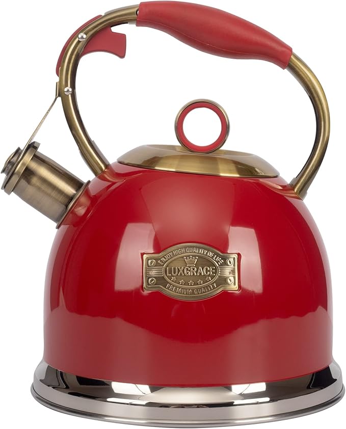 Tea Kettle, Stovetop Whistling Teapot, Stainless Steel, Red, 3.0-Quart