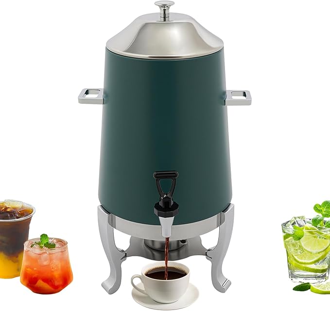 Coffee Urn with Fuel Holder 3.5 Gal/13L, Stainless Steel Beverage Dispenser Hot Drink Dispenser with Stand, Tea Water Coffee Chafer Urn for Parties Buffet Catering Commercial Home (Silver, Green)
