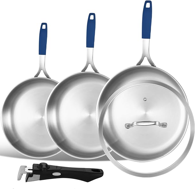 Inqibee 8.5-10-12 Inch Tri-Ply Stainless Steel Frying Pan set of 3 with a Lid,Skillets,Induction Cooking Pans,Pots and Pans Set,Oven and Dishwasher Safe,Detachable Handle.
