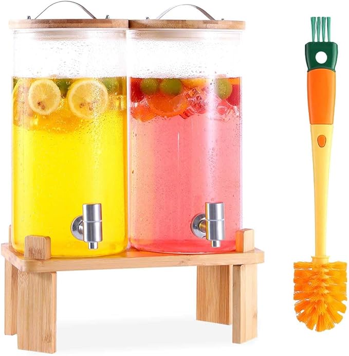 2 PCS Glass Drink Dispenser Set 1.5 Gallon With Stand, Spigot, Large Water Drink Dispensers for Parties for Lemonade, Juice, and Wedding, Bars