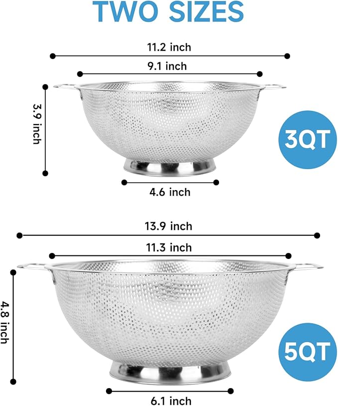 2PCS Colander for Kitchen, 3QT and 5QT, Stainless Steel Colander Strainer with Handle for Fruits Vegetables Cooking Food, Dishwasher Safe