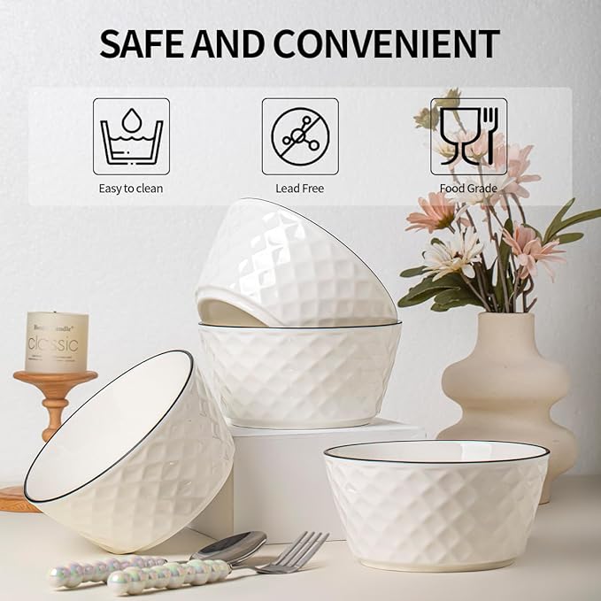 Yeacccng Ceramic Soup Bowls Set of 6, 30 Oz White Cereal Bowls, 6 inch Small Soup Bowls for Soup, Oatmeal, Salad, Pasta, Snacks, Fruits, Dishwasher & Microwave Safe, Scratch-Resistant, Lead-Free