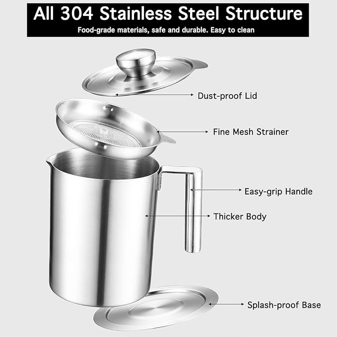 Sumerflos 1.8 L/1.9 Quart Stainless Steel Grease Strainer and Container - Large Oil Storage Pot Grease Keeper with Dust-Proof Lid & Easy Grip Handle - for Bacon, Kitchen Cooking or Frying Oil
