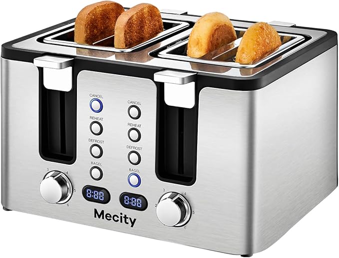 Mecity 4 Slot Stainless Steel Toaster - 4 Slice With Warming Rack, Cool to Touch, Bagel/Defrost/Reheat Functions, Removable Tray, 6 Browning Settings, Extra Wide Slots, 1500W