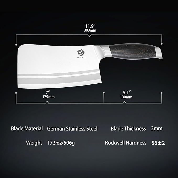 WILDMOK Meat Cleaver Knife, 7 Inch Heavy Duty Bone Chopper, German Stainless Steel Butcher Knife with Black Pakkawood Handle, Chinese Cleaver for Kitchen