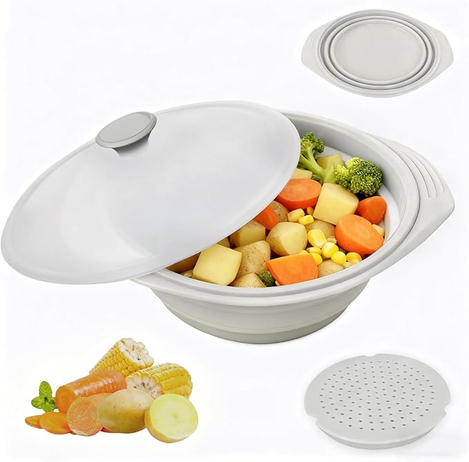 44oz Gray Silicone Steamer Microwave, Collapsible Vegetable Steamer Microwave with Magnetic Lid, Space-Saving Design, Dishwasher Safe Silicone Bowl for Cooking Veggies, Dumplings, Healthy Cooking