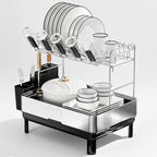 Dish Drying Rack, 2 Tier Large Dish Rack, Stainless Steel Dish Drainer for Kitchen Counter, Dishes Rack with Automatic Drainage, Utensil Holder,Cups Holder,Space Saving Kitchen Organizer,Black
