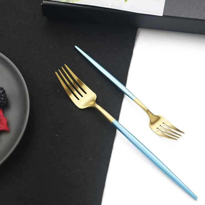 JASHII Luxury 18/10 Blue Handle Flatware Gold Silverware Set 304 Stainless Steel Flatware Cutlery Set| 20-Piece Adaline Royal Modern Satin Finish| BEST Birthday Wedding Gift (Blue Handle Matte Gold)