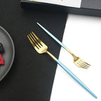 JASHII Luxury 18/10 Blue Handle Flatware Gold Silverware Set 304 Stainless Steel Flatware Cutlery Set| 5-Piece Adaline Royal Modern Satin Finish| BEST Birthday Wedding Gift (Blue Handle Matte Gold)