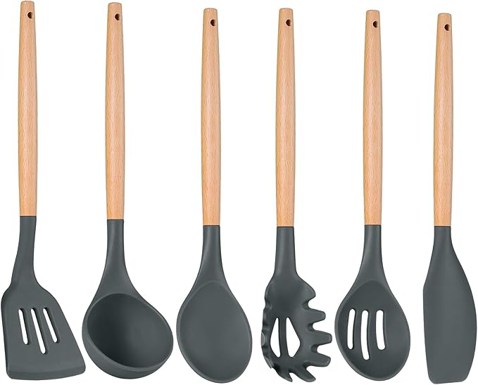 P&P CHEF Cooking Utensils Set, 6 PCS Kitchen Utensils with Wooden Handle, Silicone Spatula for Nonstick Cookware, Easy Clean & Non-toxic, Gray