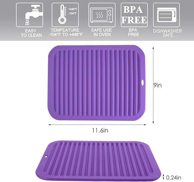 Silicone Trivet for Hot Dishes, 2 Pack Purple Heat Resistant Silicone Hot Pads Pot Holders for Kitchen Counter Non-Slip Trivets for Hot Pots and Pans, 9'' x 12'' Large Dish Drying Mat & Spoon Rest