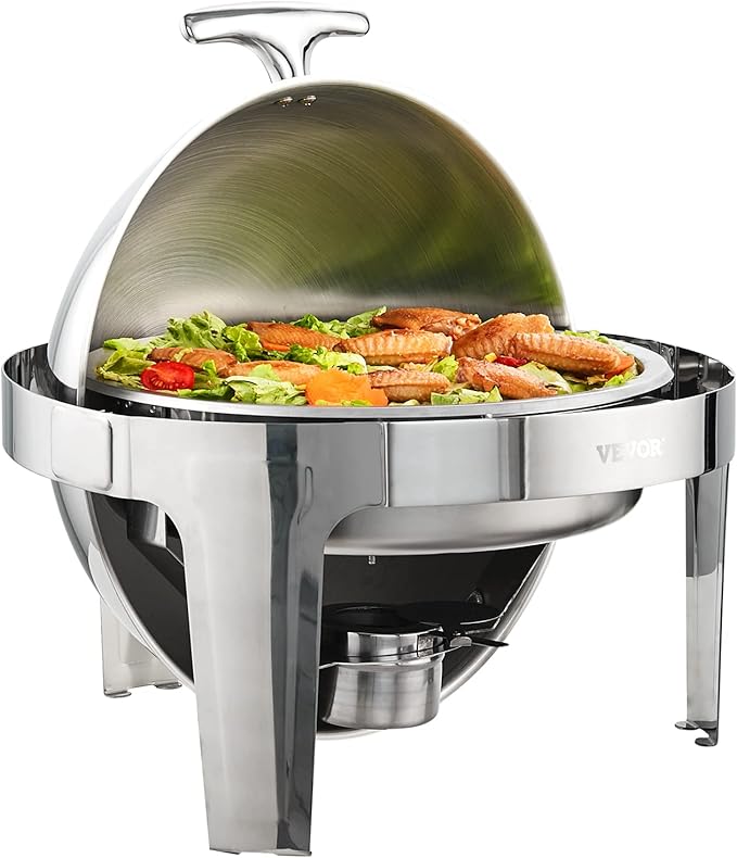 VEVOR Roll Top Chafing Dish Buffet Set, 6 Qt 2 Pack, Stainless Steel Chafer with 2 Full Size Pans, Round Catering Warmer Server with Lid Water Pan Stand Fuel Holder, for at Least 5 People Each