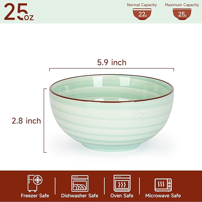 KitchenTour 24 OZ Cereal Bowls Set of 6, Ceramic Soup Bowls for Kitchen, 5.9 Inch Colorful Serving Bowls for Oatmeal, Salad, Pasta, Dessert - Microwave & Dishwasher Safe, Assorted Warm Colors