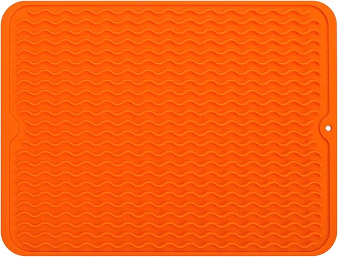 Silicone Dish Drying Mat for Multiple Usage,Easy clean,Eco-friendly,Heat-resistant Silicone Mat for Kitchen Counter or Sink,Refrigerator or drawer liner Orange L 16 inches x 12 inches