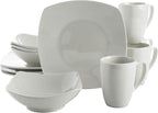 Gibson Home Amelia Court Porcelain Chip and Scratch Resistant Dinnerware set, Service for 4 (12pcs), White (Soft Square)