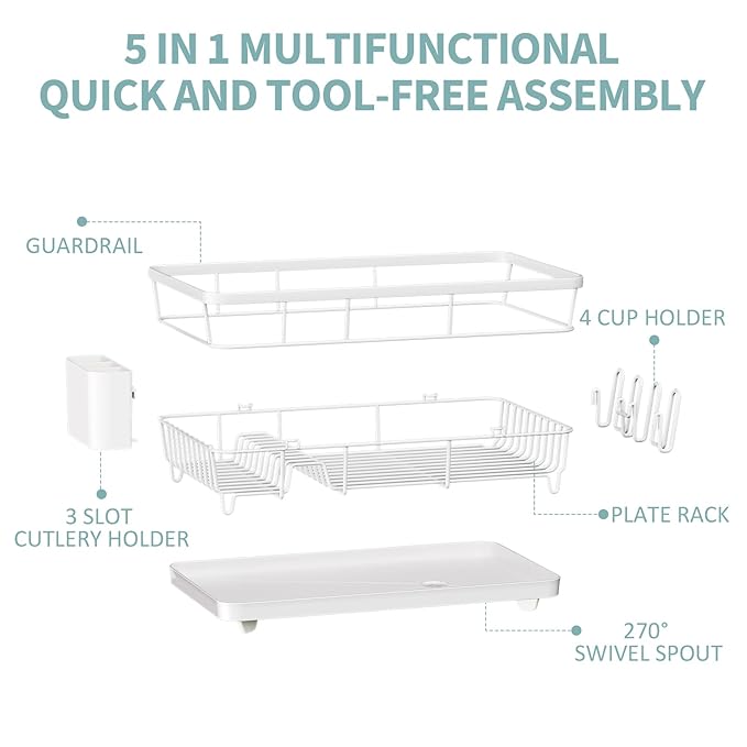 Dish Drying Rack for Kitchen Counter, Large Dish Racks with Drainboard, Kitchen Sink Dish Strainer Rack, Countertop Dish Drainer Rack with Cup & Utensil Holders, Dish Dryer Rack Large Sizw White